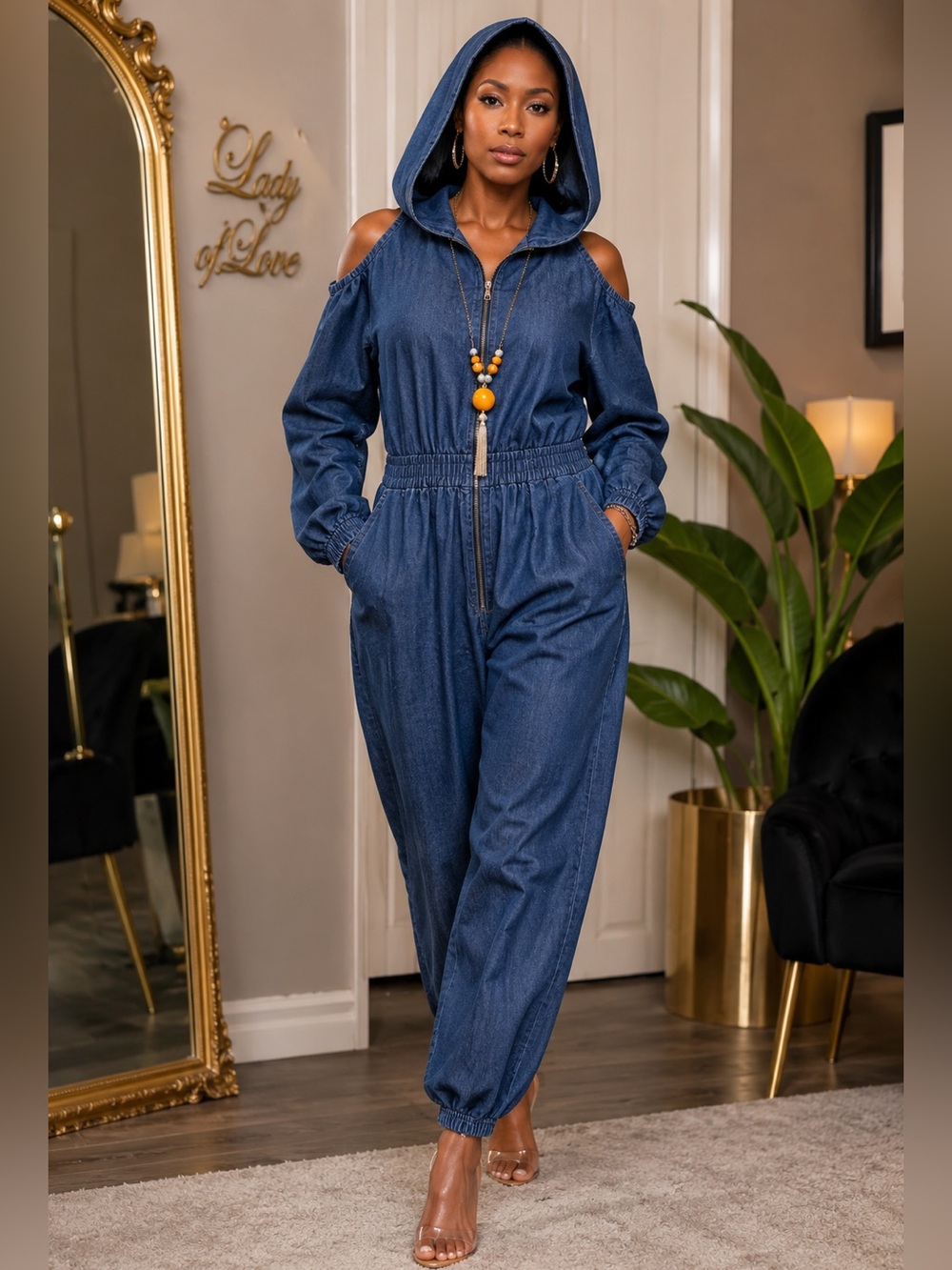 Denim Cold-Shoulder Hooded Jumpsuit - Dark Blue